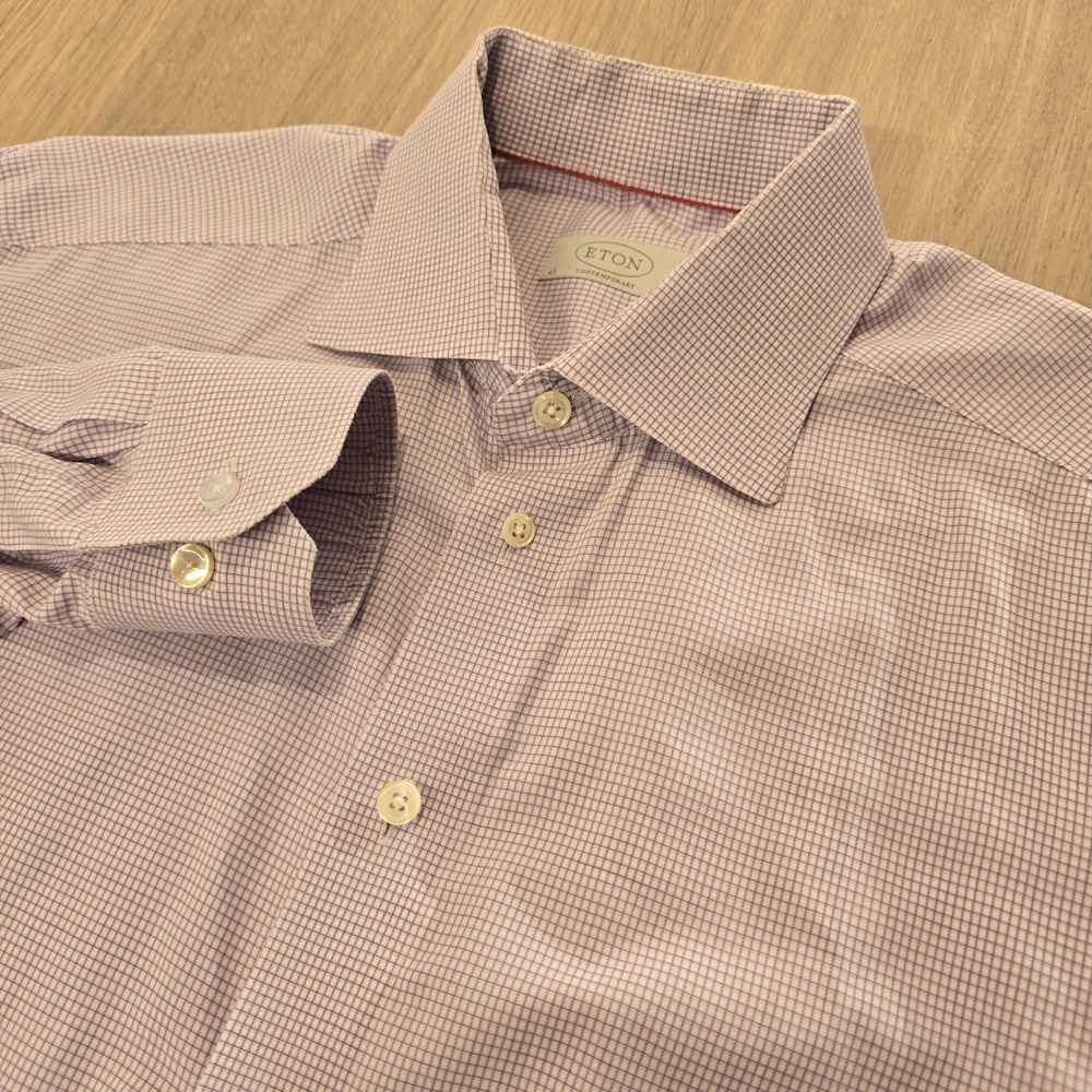 Eton Contemporary Fit Dress Shirt Mens 17 43 Purple White Micro Check 3584-00339